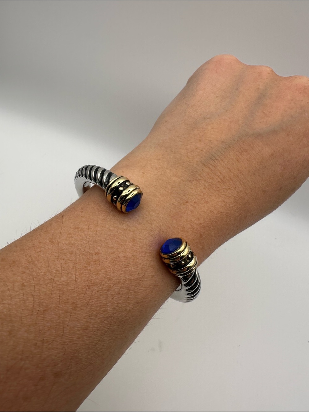 Silver Cable Cuff Bracelet with Blue Stone Accents
